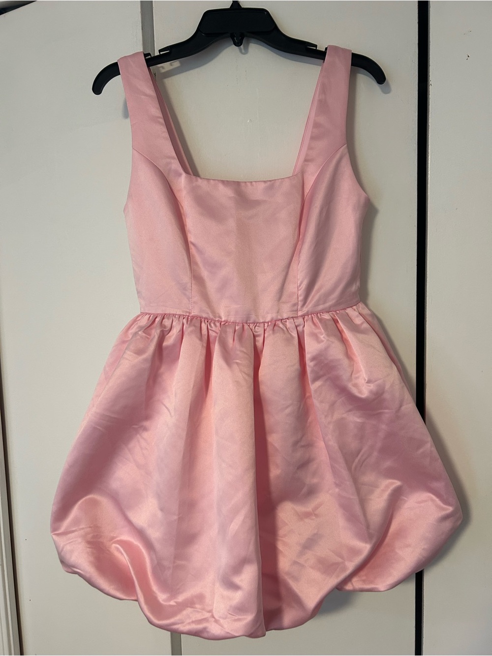 Lulu’s Regal Cutie Light Pink Satin Square Neck Bubble-Hem Mini Dress